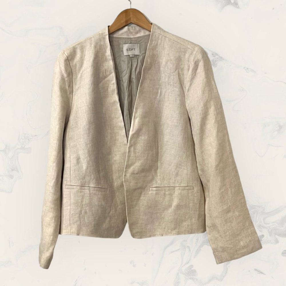 LOFT Women's Blazer Open Front Beige Size 18 100% Linen Jacket